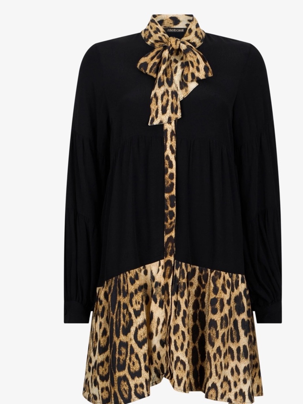 Roberto Cavalli Black Mini Dress with Leopard-Print